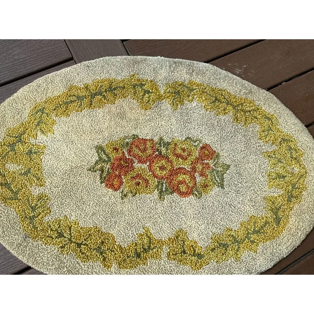 Oval floral hook rug yellow and orange vintage floral hook rug 35